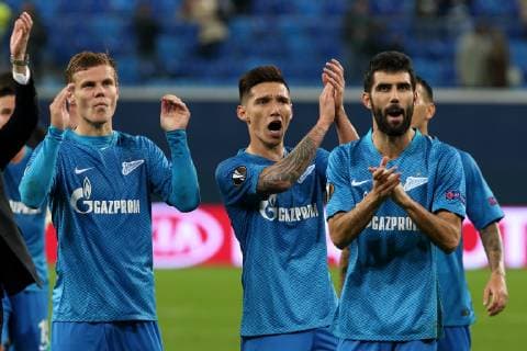 October 4, 2018, Russia, St. Petersburg. Europa League. FC Zenit - FC Slavia. Player Alexander Kokorin (9 in blue) AlexanderxKulebyakin 