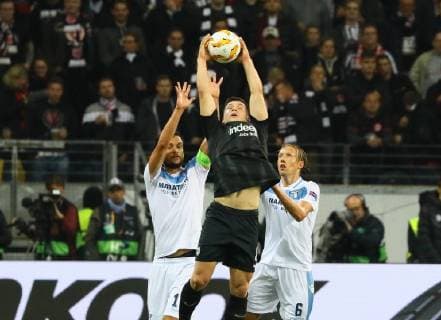 Luka Jovic Eintracht Frankfurt scored the ball against Marco Parolo Lazio Rome 04 10 2018 Eintracht Frankfurt vs Lazio Roma UEFA Europa League 2 Gameday Commerzbank Arena DISCLAIMER DFL regulations prohibit any use of photographs as video clips or video