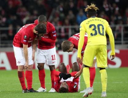 MOSCOW, RUSSIA â€“ OCTOBER 4, 2018: FC Spartak Moscow s Georgi Dzhikiya, Fernando, Ze Luis, and Roman Zobnin (L-R) in their 2018 19 UEFA Europa League Group G Round 2 football match against Villarreal at Otkrytie Arena Stadium. Sergei Fadeichev TASS  TS09294A