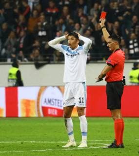 Red card for Joaquin Leiva Lazio Rome 04 10 2018 Eintracht Frankfurt vs Lazio Rome UEFA Europa League 2 Gameday Commerzbank Arena DISCLAIMER DFL regulations prohibit any use of images as image sequences or quasi video