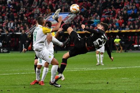 ENG UEFA EL Bayer 04 Leverkusen GER vs AEK Larnaca CYP 04 10 2018 BayArena Leverkusen Europaleque Preliminary Round GER UEFA EL Bayer 04 Leverkusen GER vs AEK Larnaka CYP DFL regulations prohibit any use of photographs picture sequences and quasi video in picture picture shows Kai Havertz Leverkusen 29 tries a drawback against Joan Guillem Truyols AEK Larnaka 4 nordphotox xMeuter nph00351
