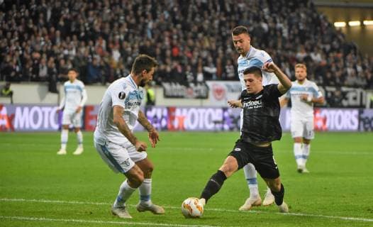 04 10 2018 GER Frankfurt am Main Commerzbank Arena UEFA Europa League Eintracht Frankfurt SBU Lazio Rome Jovic Luka 8 Eintracht Frankfurt vs Luis Felipe Lazio left Sergey Milinkovic Savic Lazio Rome DFL regulations prohibit any use of images as or sequences