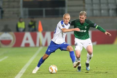 JABLONEC 04.10.2018 PILKA NOZNA FOOTBALL LIGA EUROPY - UEFA EUROPA LEAGUE FK JABLONEC - DYNAMO KIEV NZ. TOMAS HUBSCHMAN (FK JABLONEC) MYKYTA BURDA (DYNANO) FOT. MICHAL CHWIEDUK FOKUSMEDIA NEWSPIX.PL --- Newspix.pl  181004CHW038