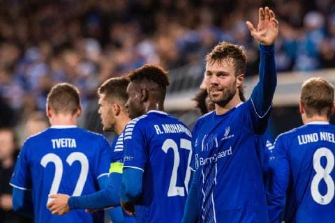 181004 Patrick Mortensen of Sarpsborg 08 celeberates after 3 1 during the Europe League match between Sarpsborg 08 and Genk on October 4, 2018 in Sarpsborg Photo Fredrik Varfjell BILDBYR N Code FV 150147  Copyright: FREDRIKxVARFJELL BB181004FV023