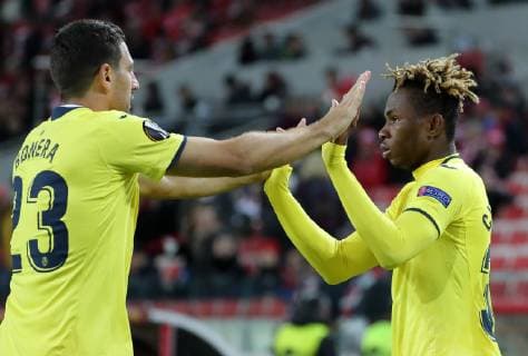 MOSCOW, RUSSIA â€“ OCTOBER 4, 2018: Villarreal s Daniele Bonera (L) and Samuel Chimerenka Chukwueze celebrate scoring in their 2018 19 UEFA Europa League Group G Round 2 football match against FC Spartak Moscow at Otkrytie Arena Stadium. Sergei Fadeichev TASS  TS092958