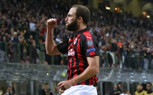 IPP20181004 Football - soccer: UEFA Europa League 2018 2019, AC Mailand - Olympiakos Piräus, gonzalo higuain esulta dopo il suo gol del 2-1 (Verwendung nur in Deutschland - GERMANY ONLY) *** IPP20181004 Football soccer UEFA Europa League 2018 2019 AC Milan Olympiacos Piraeus gonzalo higuain esulta dopo il suo gol del 2 1 Use only in Germany GERMANY ONLY 