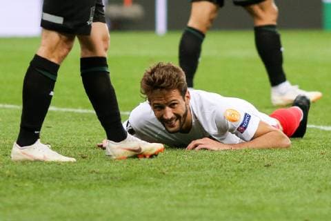 KRASNODAR, RUSSIA â€“ OCTOBER 4, 2018: Sevilla s Franco Vazquez lying on the pitch in their 2018 19 UEFA Europa League Group J Round 2 football match against FC Krasnodar at Krasnodar Stadium. Vitaly Timkiv TASS  TS092960