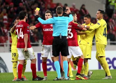 MOSCOW, RUSSIA â€“ OCTOBER 4, 2018: Referee Daniel Siebert (C) seen as FC Spartak Moscow s and Villarreal s players clash in their 2018 19 UEFA Europa League Group G Round 2 football match between at Otkrytie Arena Stadium. Sergei Fadeichev TASS  TS092962