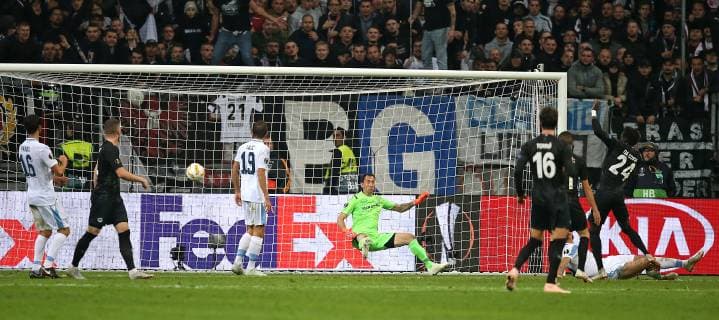04 10 2018 Football UEFA Europa League 2018 2019 Group Stage 2 Gameday Eintracht Frankfurt Lazio at the Commerzbank Arena Frankfurt Goal to the 4 1 DFL and DFB regulations prohibit any use of images as image sequences or quasi video