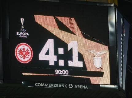 Final score on the video cube 04 10 2018 Eintracht Frankfurt vs Lazio Rome UEFA Europa League 2 Gameday Commerzbank Arena DISCLAIMER DFL regulations prohibit any use of images as image sequences or quasi video
