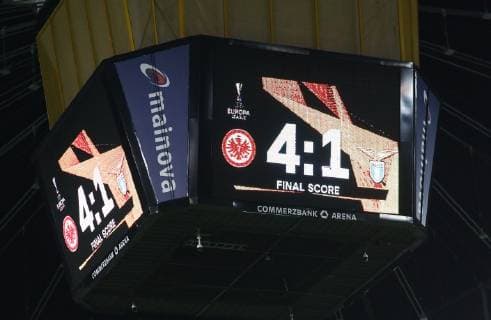 Final score on the video cube 04 10 2018 Eintracht Frankfurt vs Lazio Rome UEFA Europa League 2 Gameday Commerzbank Arena DISCLAIMER DFL regulations prohibit any use of images as image sequences or quasi video