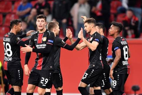 Soccer UEFA Europa League Season 2018 2019 Preliminary Round Game 2 Bayer 04 Leverkusen AEK Larnaka 04 010 2018 Bayarena Leverkusen Karim Bellarabi Kai Havertz Mitchell Sage Lucas Alario Kevin Volland Wendell all Bayer 04 Leverkusen goal