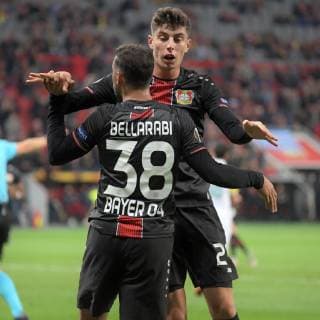 Football UEFA Europa League Season 2018 2019 Preliminary Round Game 2 Bayer 04 Leverkusen AEK Larnaka 04 010 2018 Bayarena Leverkusen Kai Havertz Karim Bellarabi both Bayer 04 Leverkusen Torjubel
