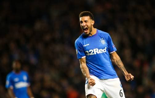 SOCCER - UEFA EL, Rangers vs Rapid GLASGOW,SCOTLAND,04.OCT.18 - SOCCER - UEFA Europa League, group stage, Glasgow Rangers FC vs SK Rapid Wien. Image shows the rejoicing of Connor Goldson (Rangers). Keywords: Wien Energie. GEPAxpictures xPhilippxBrem
