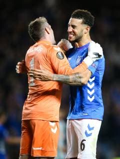 SOCCER - UEFA EL, Rangers vs Rapid GLASGOW,SCOTLAND,04.OCT.18 - SOCCER - UEFA Europa League, group stage, Glasgow Rangers FC vs SK Rapid Wien. Image shows the rejoicing of Allan McGregor (Rangers) and Connor Goldson (Rangers). Keywords: Wien Energie. GEPAxpictures xPhilippxBrem