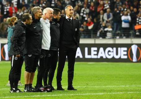 Eintracht coaching team to coach Adi Hütter Eintracht Frankfurt 04 10 2018 Eintracht Frankfurt vs Lazio Rome UEFA Europa League 2 Gameday Commerzbank Arena DISCLAIMER DFL regulations prohibit any use of images as image sequences or quasi video