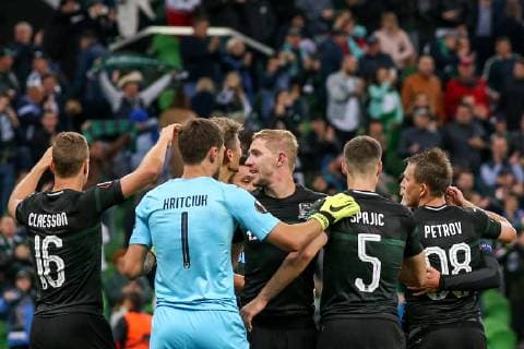 KRASNODAR, RUSSIA â€“ OCTOBER 4, 2018: FC Krasnodar s players celebrate winning their 2018 19 UEFA Europa League Group J Round 2 football match against Sevilla FC at Krasnodar Stadium. FC Krasnodar won the game 2:1. Vitaly Timkiv TASS  TS09296F