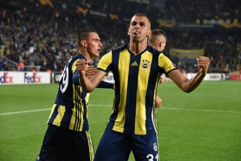 Fenerbahce s Islam Slimani celebrate his goal with his teammates during Fenerbahce vs. Spartak Trnava UEFA Europa League Game at Fenerbahce Ulker Stadium, 4th of October, 2018.  16134828