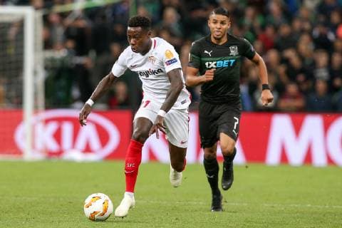 KRASNODAR, RUSSIA â€“ OCTOBER 4, 2018: Sevilla s Quincy Promes (L) and FC Krasnodar s Wanderson in action in their 2018 19 UEFA Europa League Group J Round 2 football match at Krasnodar Stadium. FC Krasnodar won the game 2:1. Vitaly Timkiv TASS  TS092972