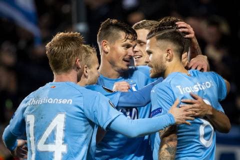 181004 Markus Rosenberg Andreas Vindheim and Arn-Ingvi Traustason and Anders Christiansen of Malmö FF celebrates after 1 0 during the Europe League group stage match between Malmö FF and Besiktas on October 4, 2018 in Malmö Photo Ludvig Thunman BILDBYR N code LT 35544  Copyright: LUDVIGxTHUNMAN BB181004LT109
