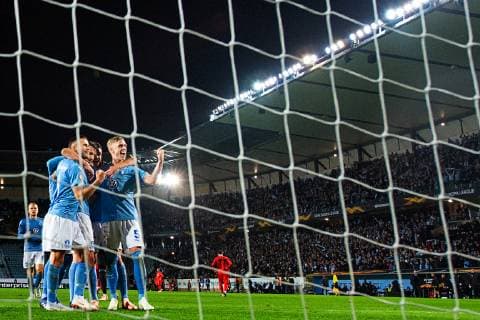 181004 Arn-r Ingvi Traustason Markus Rosenberg and Bonke Innocent Sören Rieks or Malmö FF celebrates after 2 0 during the Europe League group stage match between Malmö FF and Besiktas on October 4, 2018 in Malmö Photo Ludvig Thunman BILDBYR N code LT 35544  Copyright: LUDVIGxTHUNMAN BB181004LT112