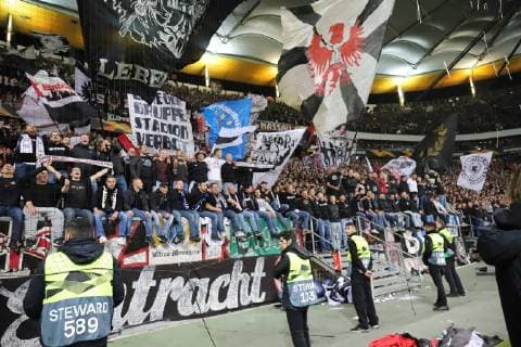 04 10 2018 GER Frankfurt am Main Commerzbank Arena UEFA Europa League Eintracht Frankfurt SGE Lazio Rome Final cheers at Eintracht Frankfurt Fans in the curve DFL regulations prohibit any use of images as image sequences or quasi video