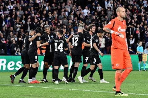 October 3, 2018 - Paris, Ile-de-France, France - Edison Roberto Cavani 9,Angel Di Maria 11,Adrien Rabiot 25,Killian Mbappe 7 of PSG celebrate during the UEFA Champions League football match Paris Saint Germain (PSG) against Red Star Belgrade at the Parc des Princes stadium in Paris on October 3, 2018. Paris Saint-Germain v Red Star Belgrade - UEFA Champions League Group C  - ZUMAn230 20181003_zaa_n230_995 Copyright: xJulienxMattiax