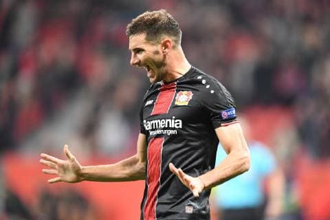 Soccer UEFA Europa League Season 2018 2019 Preliminary Round Game 2 Bayer 04 Leverkusen AEK Larnaka 04 010 2018 Bayarena Leverkusen Lucas Alario Bayer 04 Leverkusen Torjubel