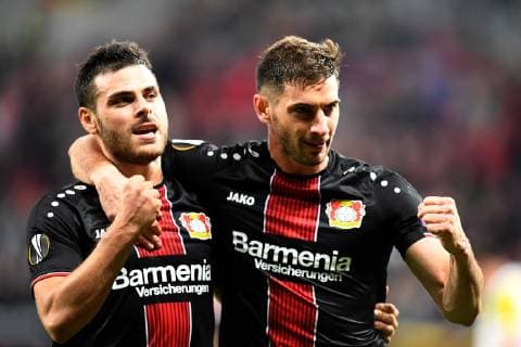 Soccer UEFA Europa League Season 2018 2019 Preliminary Round Game 2 Bayer 04 Leverkusen AEK Larnaca 04 010 2018 Bayarena Leverkusen Kevin Volland Lucas Alario both Bayer 04 Leverkusen goal celebrations