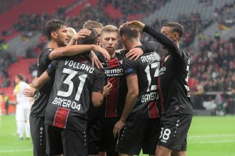 Soccer UEFA Europa League Season 2018 2019 Preliminary Round Game 2 Bayer 04 Leverkusen AEK Larnaka 04 010 2018 Bayarena Leverkusen Aleksandar Dragovic Kevin Volland Mitchell Sage Lucas Alario Karim Bellarabi all Bayer 04 Leverkusen cheering