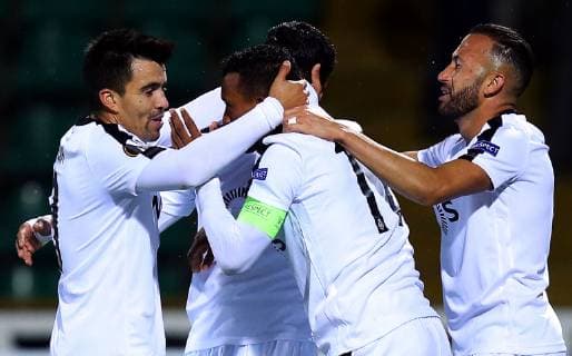 04.10.2018 Poltava(Ukraine) FC Vorskla-Sporting CP Europa League men s football Marcos Acuna(L),Nani(C),Jefferson(R) Sporting CP celebration :Str 