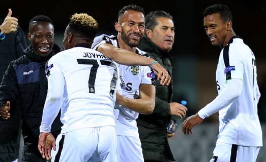 04.10.2018 Poltava(Ukraine) FC Vorskla-Sporting CP Europa League men s football Jovane Cabral(2L),Jefferson(2L),Jose Paseiro(4L) Sporting CP coach, Nani(r) celebration :Str 