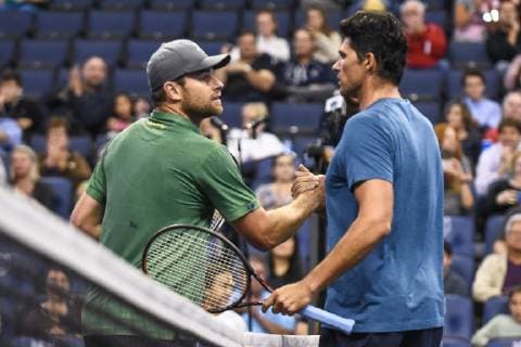 October 4, 2018 - St. Louis, Missouri, U.S - ANDY RODDICK and MARK PHILIPPOUSSIS shake hands after their match during the Invest Series True Champions Classic on Thursday, October 4, 2018, held at The Chaifetz Arena in St. Louis, MO (Photo credit ZUMA Press) Tennis 2018 - True Champions Classic - ZUMAu300 20181004_zaf_u300_016 Copyright: xRichardxUlreichx