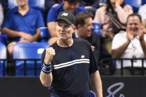October 4, 2018 - St. Louis, Missouri, U.S - JIM COURIER celebrates a big point during the Invest Series True Champions Classic on Thursday, October 4, 2018, held at The Chaifetz Arena in St. Louis, MO (Photo credit ZUMA Press) Tennis 2018 - True Champions Classic - ZUMAu300 20181004_zaf_u300_037 Copyright: xRichardxUlreichx