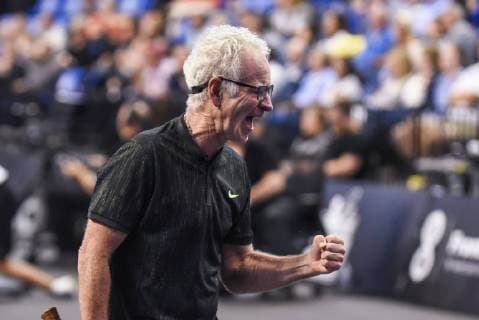 October 4, 2018 - St. Louis, Missouri, U.S - JOHN MCENROE with the fist pump after winning a game during the Invest Series True Champions Classic on Thursday, October 4, 2018, held at The Chaifetz Arena in St. Louis, MO (Photo credit ZUMA Press) Tennis 2018 - True Champions Classic - ZUMAu300 20181004_zaf_u300_038 Copyright: xRichardxUlreichx