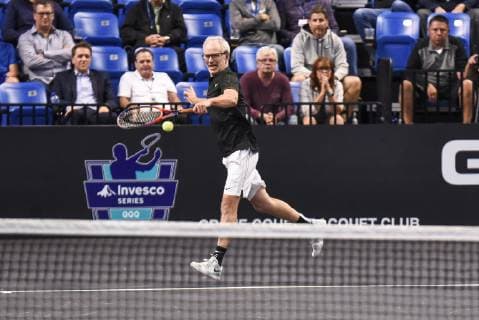 October 4, 2018 - St. Louis, Missouri, U.S - JOHN MCENROE with the backhand return during the Invest Series True Champions Classic on Thursday, October 4, 2018, held at The Chaifetz Arena in St. Louis, MO (Photo credit ZUMA Press) Tennis 2018 - True Champions Classic - ZUMAu300 20181004_zaf_u300_043 Copyright: xRichardxUlreichx