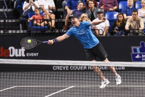 October 4, 2018 - St. Louis, Missouri, U.S - JIM COURIER reaches to try to return the ball during the Invest Series True Champions Classic on Thursday, October 4, 2018, held at The Chaifetz Arena in St. Louis, MO (Photo credit ZUMA Press) Tennis 2018 - True Champions Classic - ZUMAu300 20181004_zaf_u300_052 Copyright: xRichardxUlreichx