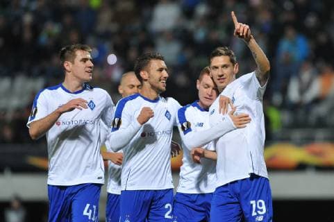 Denys Harmash (Dynamo; right) celebrates his goal during the UEFA Europa League soccer match between FK Jablonec and FC Dynamo Kyiv, in Jablonec nad Nisou, Czech Republic, on October 4, 2018. (CTKxPhoto RadekxPetrasek) CTKPhotoP201810041013901  CEV 3