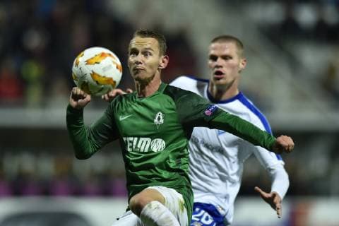 L-R Jan Chramosta (Jablonec) and Mykyta Burda (Dynamo) in action during the UEFA Europa League soccer match between FK Jablonec and FC Dynamo Kyiv, in Jablonec nad Nisou, Czech Republic, on October 4, 2018. (CTKxPhoto RadekxPetrasek) CTKPhotoP201810041029801  _PER6739