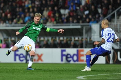L-R Tomas Hubschman (Jablonec) and Vitaliy Buialskyi (Dynamo) in action during the UEFA Europa League soccer match between FK Jablonec and FC Dynamo Kyiv, in Jablonec nad Nisou, Czech Republic, on October 4, 2018. (CTKxPhoto RadekxPetrasek) CTKPhotoP201810041105301  CEV 10