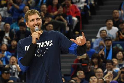 Dirk Nowitzki of Dallas Mavericks speaks before the Shanghai match of the NBA Basketball Herren USA China Games between Dallas Mavericks and Philadelphia 76ers in Shanghai, China, 5 October 2018. 76ers, Mavericks fight for NBA China Games in Shanghai  20181005_29748