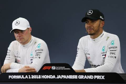 Photo4 LaPresse 06 10 2018 Suzuka, Japan Grand Prix Formula One Japan 2018 In the pic:pole position Lewis Hamilton (GBR) Mercedes AMG F1 W09Lewis Hamilton (GBR) Mercedes AMG F1 W09 , Valtteri Bottas  Copyright: xPhoto4 LaPressex