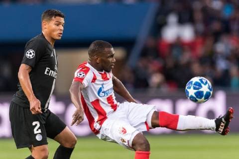 (L-R) Thiago Emiliano da Silva of Paris Saint-Germain, El Fardou Ben Nabouhane of Red Star Belgrade during the UEFA Champions League group C match between Paris St Germain and Crvena zvezda at the Parc des Princes on October 03, 2018 in Paris, France UEFA Champions League 2018 2019 xVIxVIxImagesx xGerritxvanxKeulenxIVx 12361858