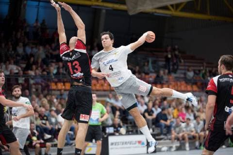 Luebbecke Germany 06 10 2018 2 HBL 2018 2019 TuS N Luebbecke vs HC Elbflorenz Dresden LR Marko Bagaric Luebbecke Gabor Pulay Elbflorenz Luebbecke North Rhine Westphalia Germany Merkur Arena