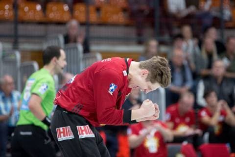 Luebbecke Germany 06 10 2018 2 HBL 2018 2019 TuS N Luebbecke vs HC Elbflorenz Dresden Goalkeeper Joel Birlehm Luebbecke Luebbecke North Rhine Westphalia Germany Merkur Arena