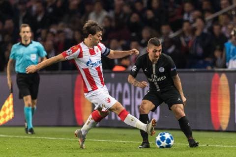 (L-R) Filip Stojkovic of Red Star Belgrade, Marco Verratti of Paris Saint-Germain during the UEFA Champions League group C match between Paris St Germain and Crvena zvezda at the Parc des Princes on October 03, 2018 in Paris, France UEFA Champions League 2018 2019 xVIxVIxImagesx xGerritxvanxKeulenxIVx 12367535