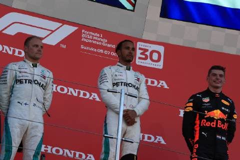 7th October 2018, Suzuka International Racing Course, Suzuka City, Japan; Formula One Grand Prix of Japan, race day; Mercedes AMG Petronas Motorsport, Lewis Hamilton wins in Japan followed by his team mate Valtteri Bottas and Aston Martin Red Bull Racing TAG Heuer, Max Verstappen  ActionPlus12069001 Octane