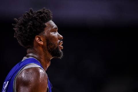 Joel Embiid of Philadelphia 76ers takes part in a training session in preparation for the Shenzhen match of the NBA Basketball Herren USA China Games in Shenzhen city, south China s Guangdong province, 7 October 2018. Joel Embiid leads players to gear up for NBA China Games in Shenzhen  20181007_08386