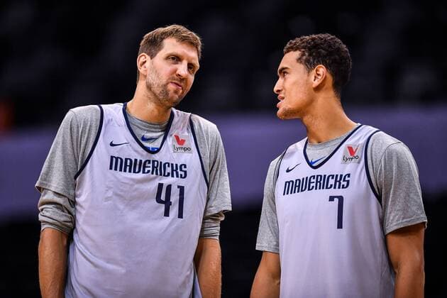 Dirk Nowitzki, left, and Dwight Powell of Dallas Mavericks take part in a training session in preparation for the Shenzhen match of the NBA Basketball Herren USA China Games in Shenzhen city, south China s Guangdong province, 7 October 2018. Dallas Mavericks in full preparation for NBA China Games in Shenzhen  20181007_70966