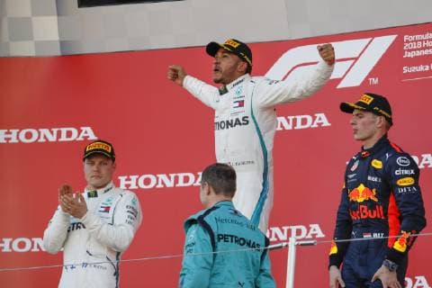 Motorsports: FIA Formula One World Championship WM Weltmeisterschaft 2018, Grand Prix of Japan, World Championship 2018 Grand Prix Japan 77 Valtteri Bottas (FIN, Mercedes AMG Petronas), 44 Lewis Hamilton (GBR, Mercedes AMG Petronas F1 Team), 33 Max Verstappen (NDL, Red Bull Racing), Suzuka Japan